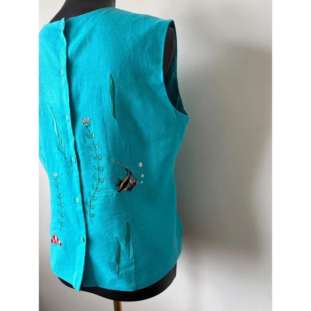 Ultra Dress New York Turquoise Linen Blend Tropical Fish Embroidered Top Size 14